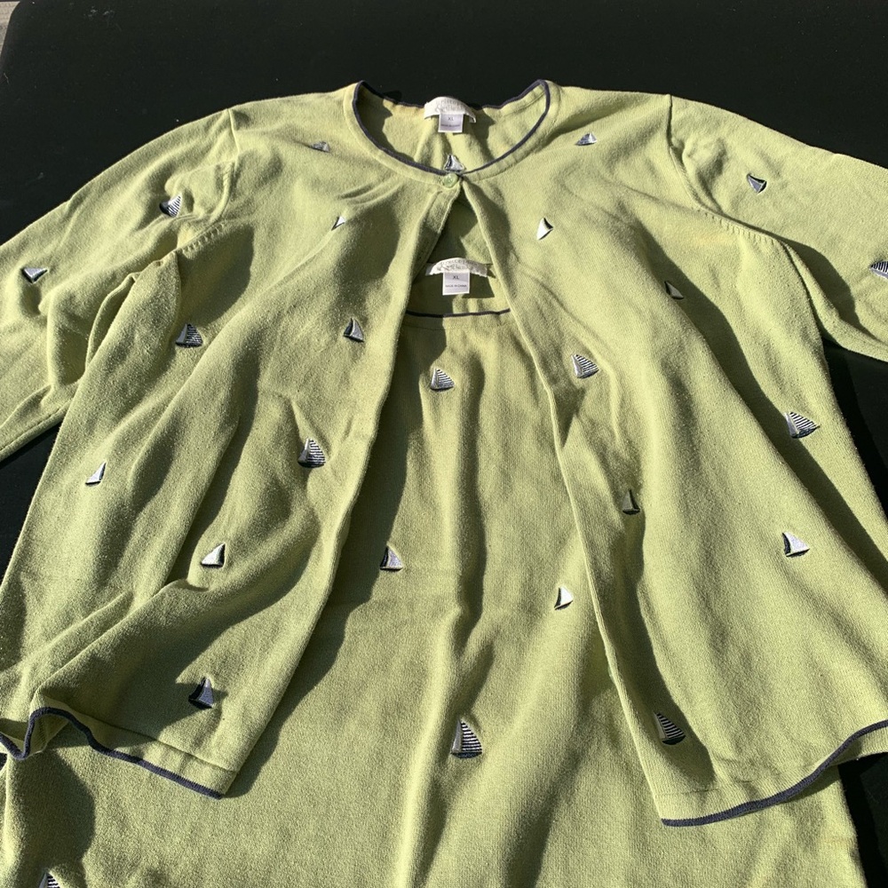 Christopher & Banks Olive Cardigan with Sailboat Details